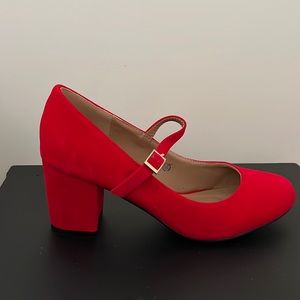 “No Doubt” Red Suede Short Heel MaryJane Pumps Sz 6